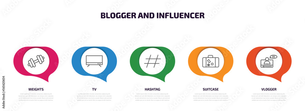 Poster blogger and influencer infographic element with outline icons and 5 step or option. blogger and infl