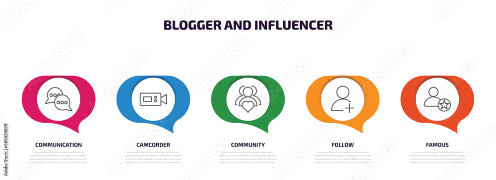 Poster blogger and influencer infographic element with outline icons and 5 step or option. blogger and infl