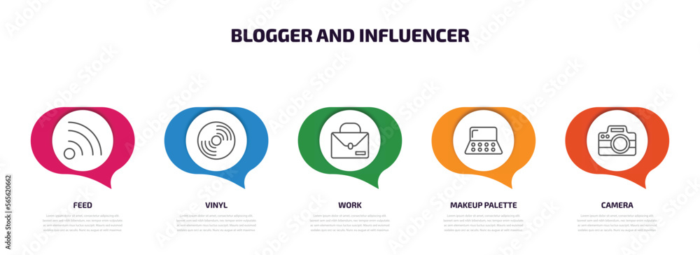 Poster blogger and influencer infographic element with outline icons and 5 step or option. blogger and infl