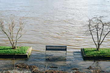 High water after heavy rainfall and snow melting in Rheinland. - 565620613