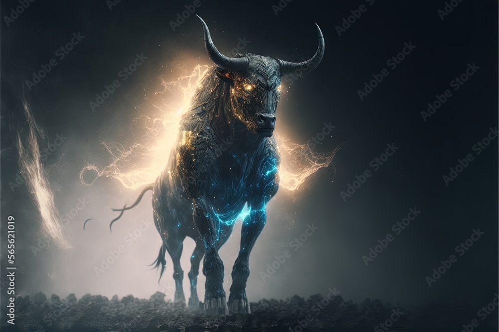 Poster a bull with horns standing in a dark room with lightning coming from its back end and a black backgr