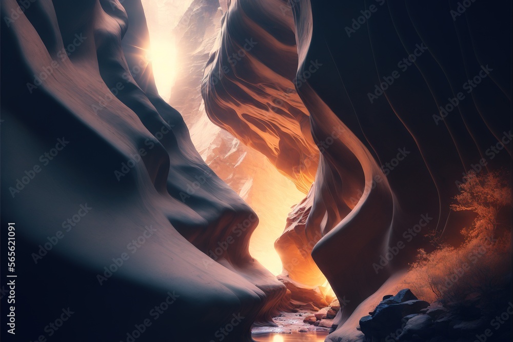 Poster a canyon with a stream running through it and a sun shining through the canyon's walls and creating 