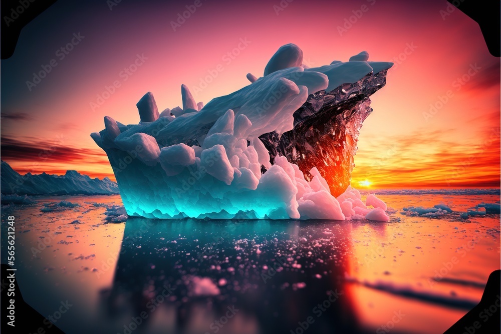 Poster  a large iceberg floating in the ocean at sunset with a colorful sky in the background and a reflection of the ice on the water.  generative ai