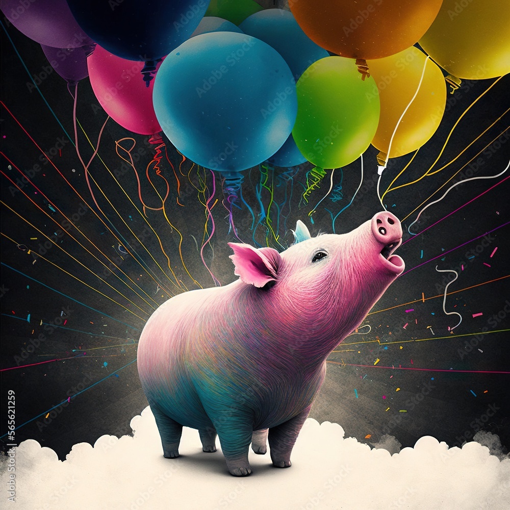 Poster a pig with balloons floating in the air on a cloud of clouds and streamers of colored balloons in th