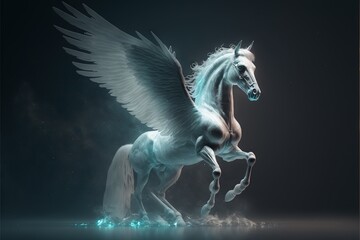  a white horse with wings on its back in the dark sky with a reflection of its body in the water and a reflection of its rear end.  generative ai