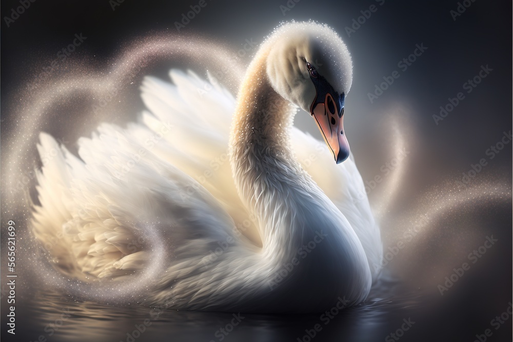 Poster a swan is floating in the water with its wings spread out and its head turned to the side, with a bl