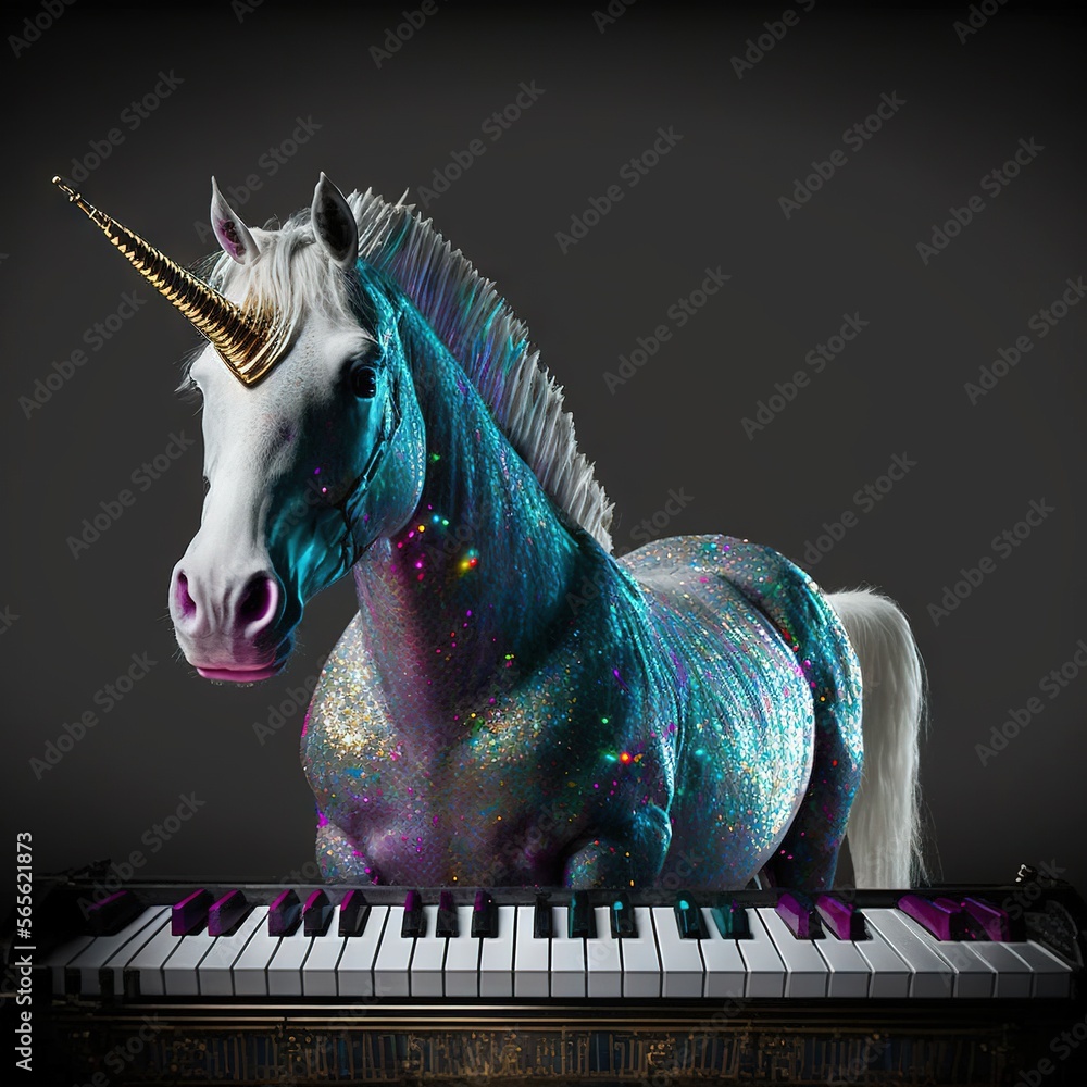 Poster a unicorn with a horn and a rainbow mane sitting on a piano keyboard with a black background and a b