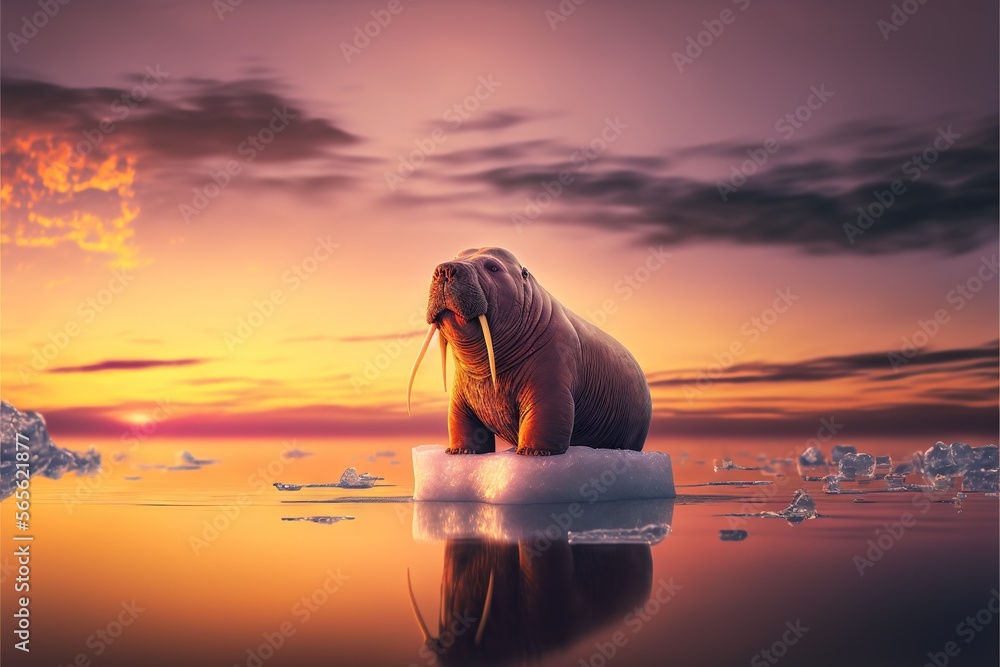 Poster a walpopo sitting on an ice floet in the ocean at sunset with a sunset in the background and a few i