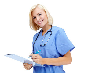Portrait, healthcare and writing with a nurse woman in studio isolated on a white background for insurance. Hospital, health and medical with a female medicine professional doctor with a clipboard