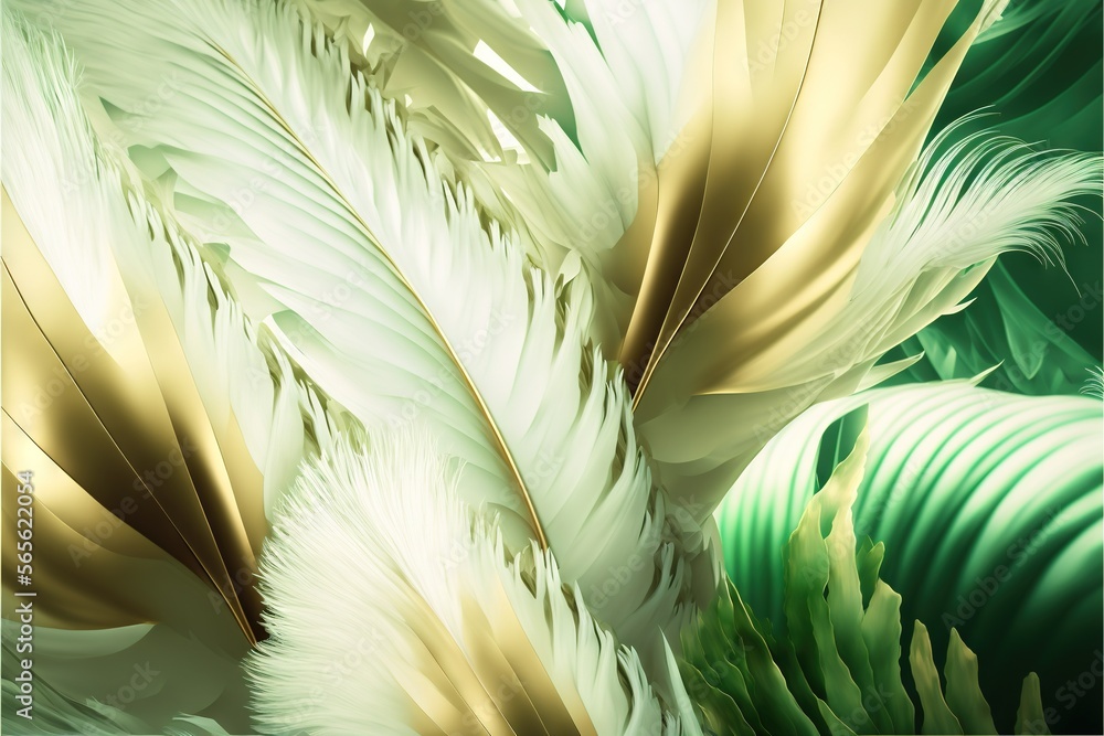 Poster a close up of a white and gold feather pattern on a green background with a gold leaf in the center 