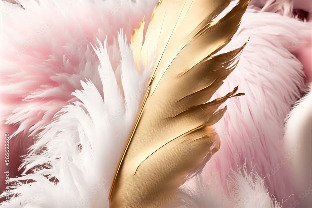 Poster a close up of a feather on a pink background with a gold feather on the tip of the feather and a pin