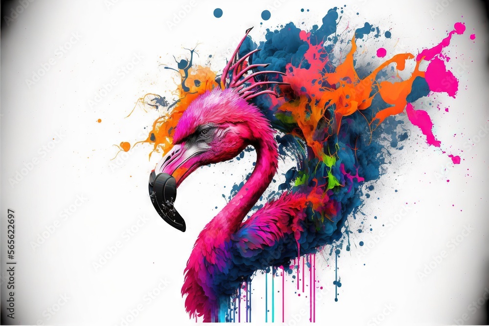 Poster a flamingo with a splash of paint on it's face and neck, standing in front of a white background wit