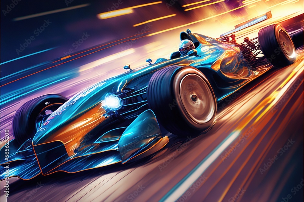 Poster a painting of a racing car speeding fast on a track with lights on the side of it and a blurry backg