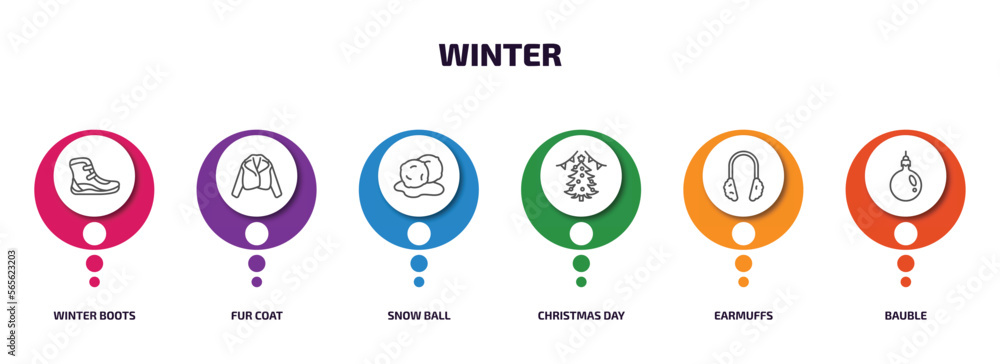 Poster winter infographic element with outline icons and 6 step or option. winter icons such as winter boot