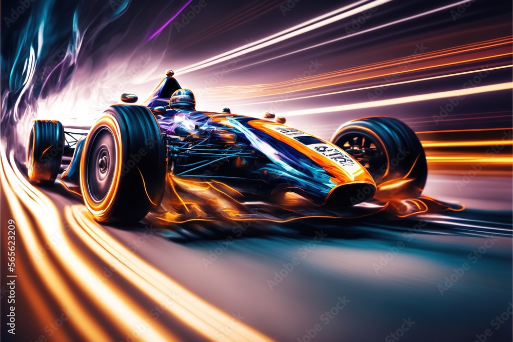 Poster a painting of a racing car speeding through a tunnel of light and smoke with a driver in the front o
