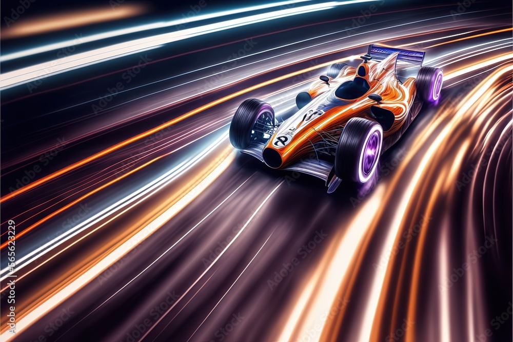 Poster a car driving on a track with motion blurs around it and a blurry background of lights behind it is 