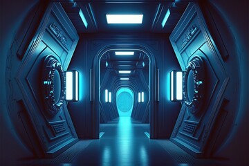 Futuristic blue neon high tech tunnel in a dungeon. AI
