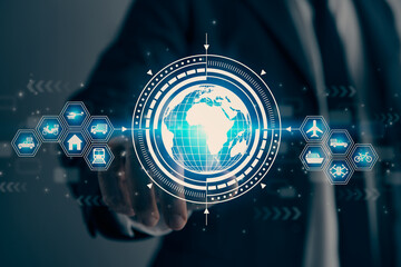 Businessman Hand and Finger Touch Globe or World and Blue HUD Logistics Icon in Vintage Tone