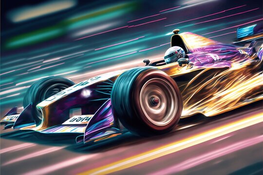  A Painting Of A Racing Car Speeding Down A Track With A Blurry Background Of Light Streaks On The Side Of The Car And The Front Tire.  Generative Ai