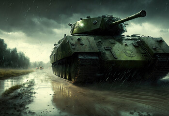 tank on a rainy road created with Generative AI technology