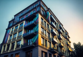 Obraz premium modern corner apartment complex with blue colored windows and light leaks created with Generative AI technology