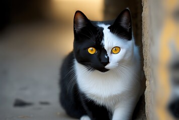 cute white and black fur cat looking at you, Generative Ai
