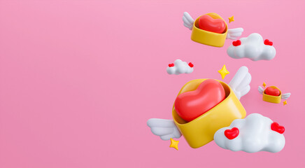 Fototapeta premium Yellow envelope with wings and red heart. Be my Valentine. Happy Valentine's Day banner copy space for text. 3D rendering illustration