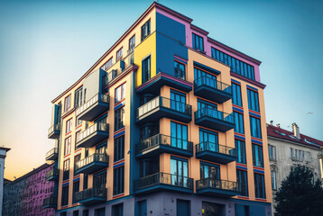 modern corner apartment complex with blue colored windows and light leaks created with Generative AI technology