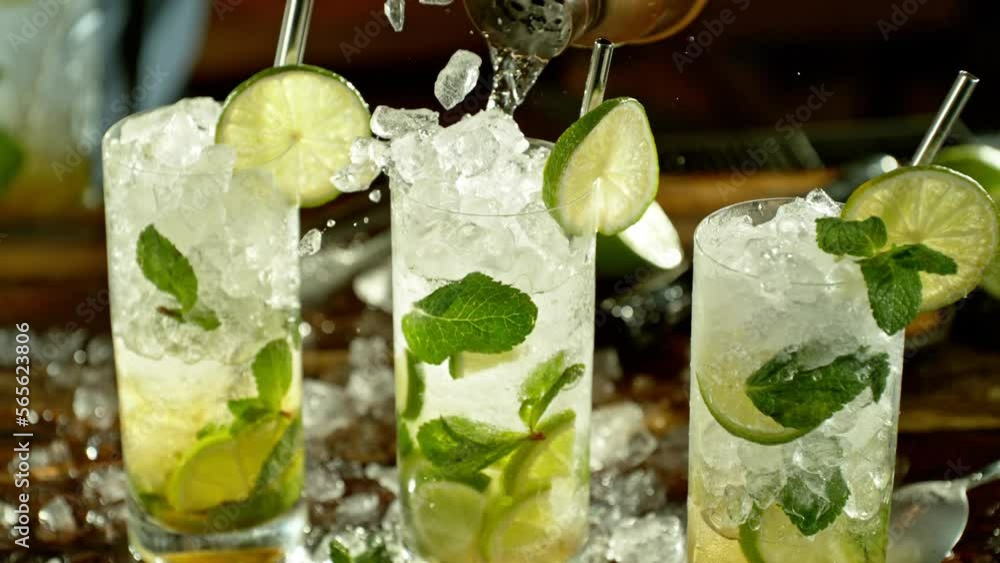 Aufkleber super slow motion of preparing mojito drink with speed motion. filmed on high speed cinema camera, 1