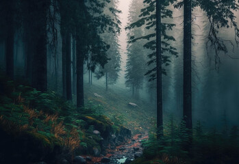 Fototapeta premium foggy forest scene created with Generative AI technology