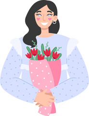 Young brunette woman with a bouquet of flowers. Valentine's day or International Women's Day concept.