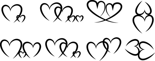 Valentine's Day. Collection of heart logos. Black outline of different thickness. Scheme, symbols.