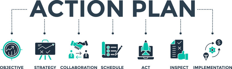 Action plan banner web icon vector illustration concept with icons set of objective, strategy, collaboration, schedule, act, launch, inspect, and implementation - obrazy, fototapety, plakaty