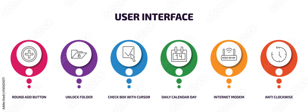 Poster user interface infographic element with outline icons and 6 step or option. user interface icons suc