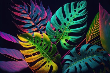 Multicolored tropical leaves, multicolored bright neon light, exotic and tropical leaves. AI