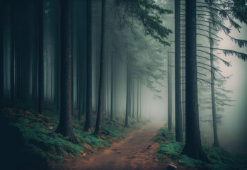 Naklejka premium foggy forest scene in darken colors created with Generative AI technology