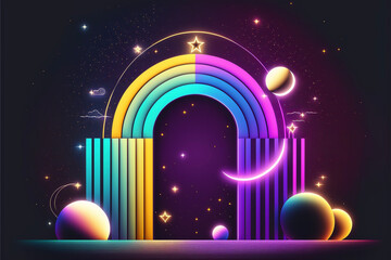 Neon rainbow vector portal to outer space with moons stars planets and dark background, generative ai