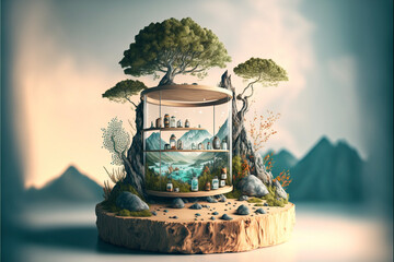 Natural remedies product pedestal podium in natural mountain landscape, generative ai