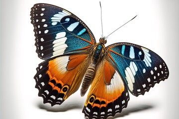 Bright multi-colored butterfly on a white background. Exotic butterfly. AI