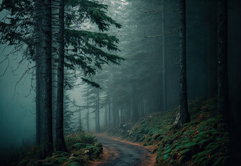 Fototapeta premium foggy forest scene in darken colors created with Generative AI technology