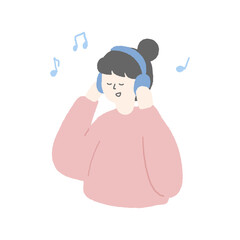 Hand drawn illustration of a woman listening music.