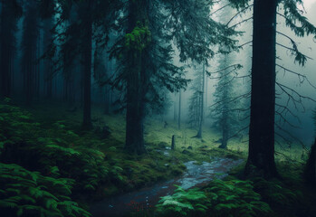 Obraz premium foggy forest scene in darken colors created with Generative AI technology