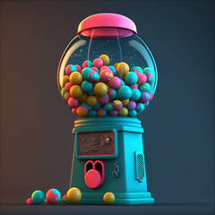 Colorful neon gumball machine on dark background, generative ai