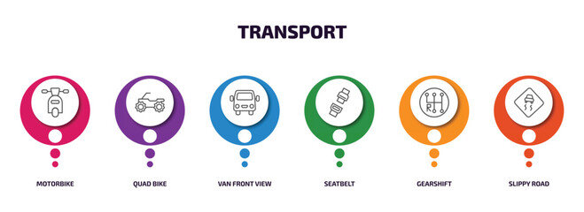 transport infographic element with outline icons and 6 step or option. transport icons such as motorbike, quad bike, van front view, seatbelt, gearshift, slippy road vector.