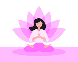 Yoga, meditation and mindfulness concept. Beautiful woman sitting on yoga mat, sukhasana pose with pink lotus flower behind her. Young female smiling, crossed legs position, palms and hands touching.