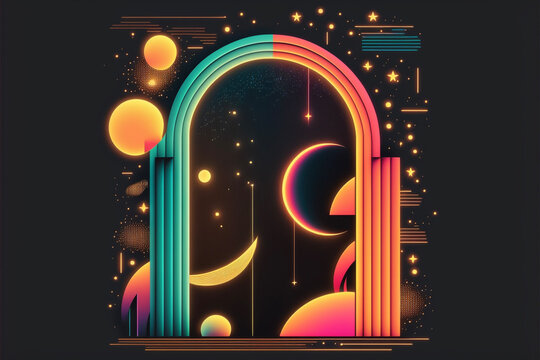Neon rainbow vector portal to outer space with moons stars planets and dark background, generative ai
