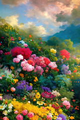 Paradise garden full of flowers, beautiful idyllic  background with many flowers in eden, 3d illustration with juicy colors and vertical composition. Generative AI.