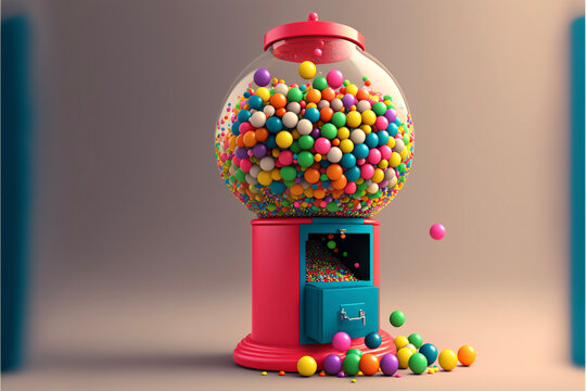 Colorful neon gumball machine on dark background, generative ai