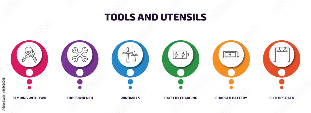 Poster tools and utensils infographic element with outline icons and 6 step or option. tools and utensils i