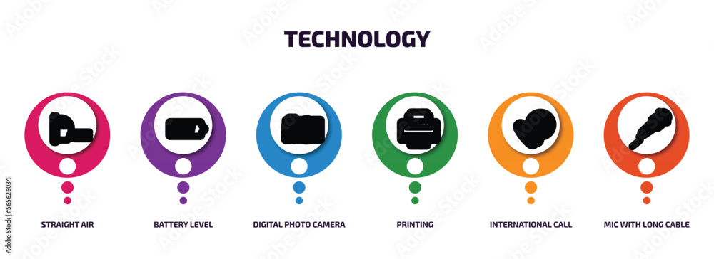 Poster technology infographic element with outline icons and 6 step or option. technology icons such as str